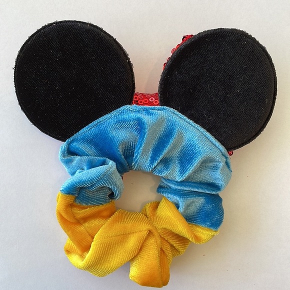 Mickey Mouse Ears Scrunchie Ponytail Holder with Sequins - Blue/Yellow w/Red Bow - Picture 3 of 6